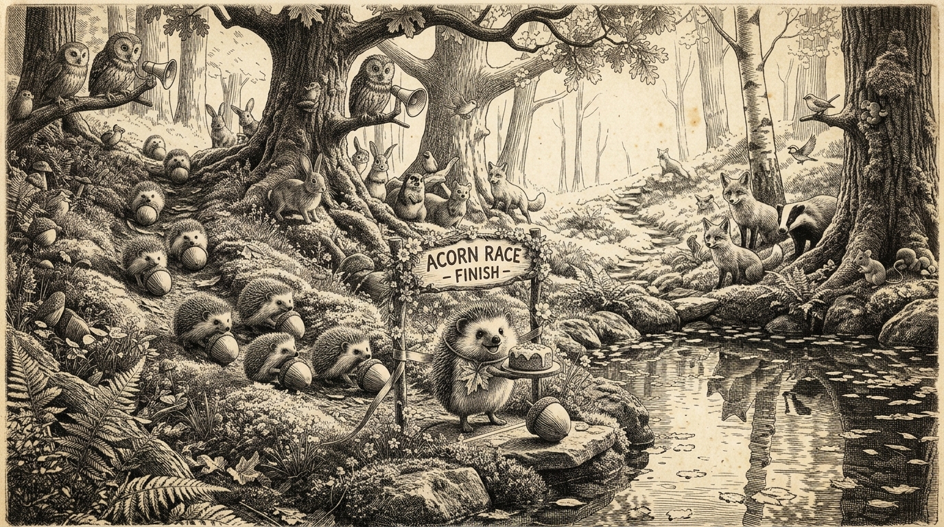 Ten small hedgehogs with acorns at the finish line of the Acorn Race, with an owl, rabbits, and foxes watching