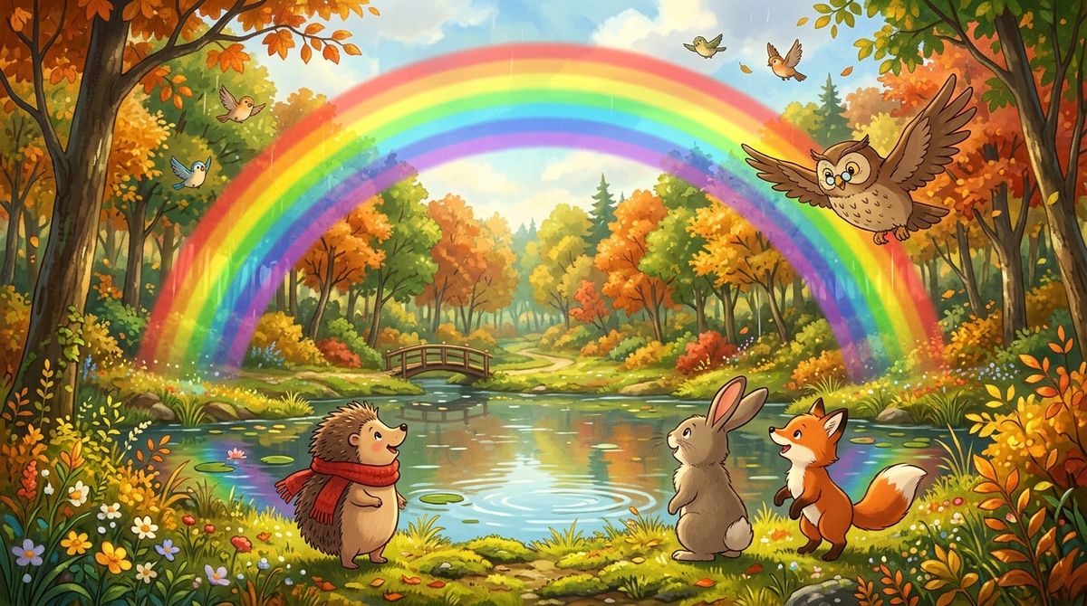 A big rainbow over a forest pond, with a hedgehog in a red scarf, a rabbit, and a fox cub looking up, and an owl flying nearby