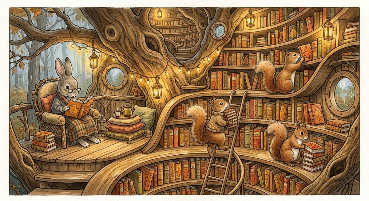 A cozy library inside a big oak tree, with a rabbit reading in a chair and squirrels putting books on shelves