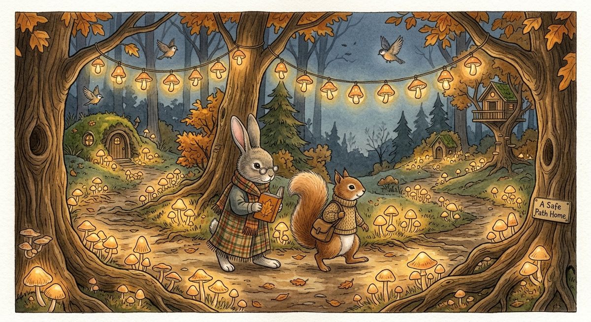Clover the rabbit and Nutmeg the squirrel walk along a forest path lit by glowing mushrooms and a string of mushroom lights