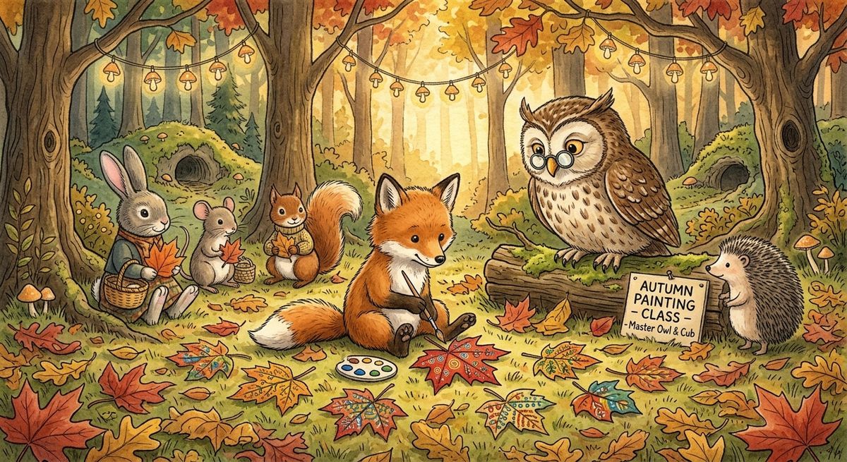 Little Fox paints a red maple leaf in the Autumn Painting Class while Master Owl, a hedgehog, a rabbit, a mouse, and a squirrel watch