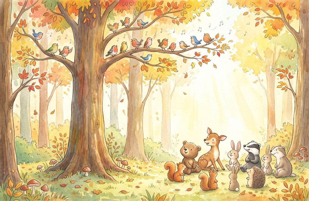 Small colorful birds singing on a big branch in an autumn forest while a bear cub, a fawn, rabbits, a badger, squirrels, and a hedgehog listen