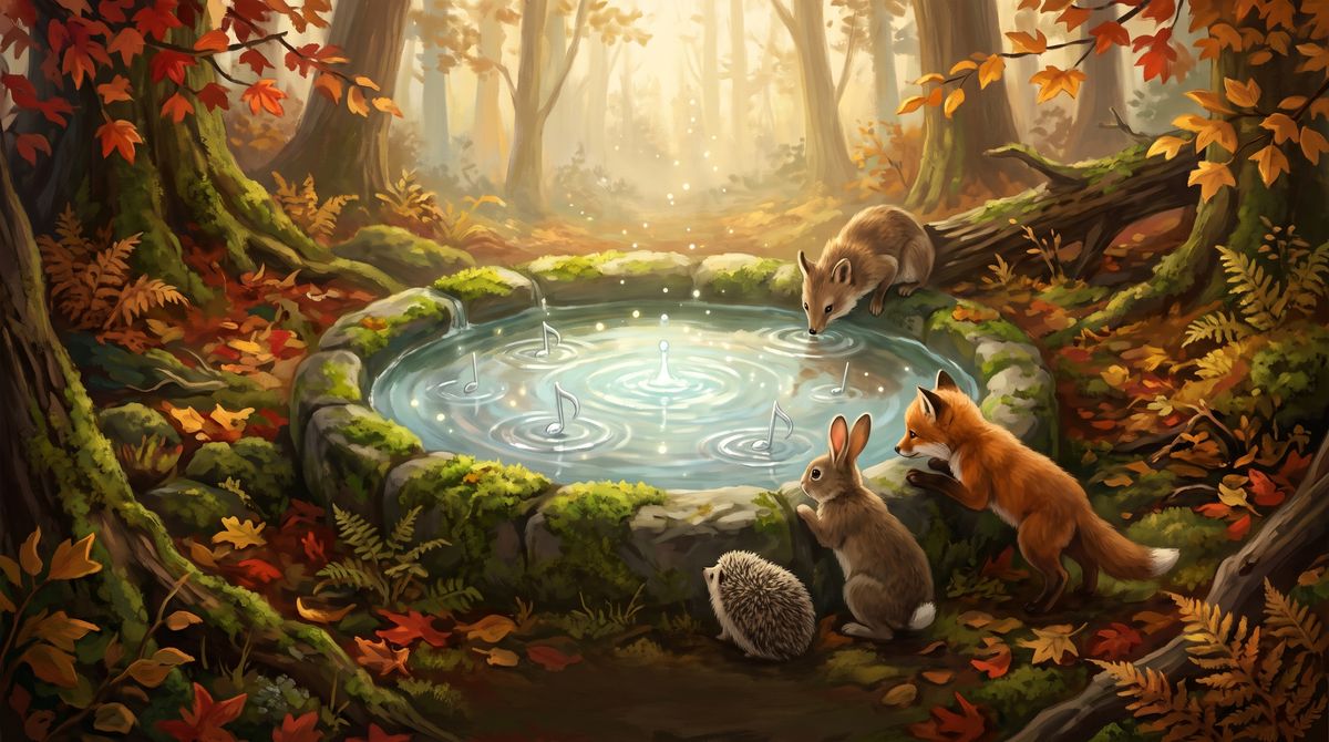 A hedgehog, a rabbit, and a fox cub kneel at a glowing forest spring, with silver ripples shaped like musical notes on the water