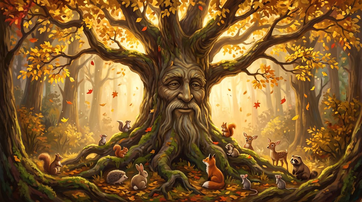 A big old tree with a kind face and animals listening