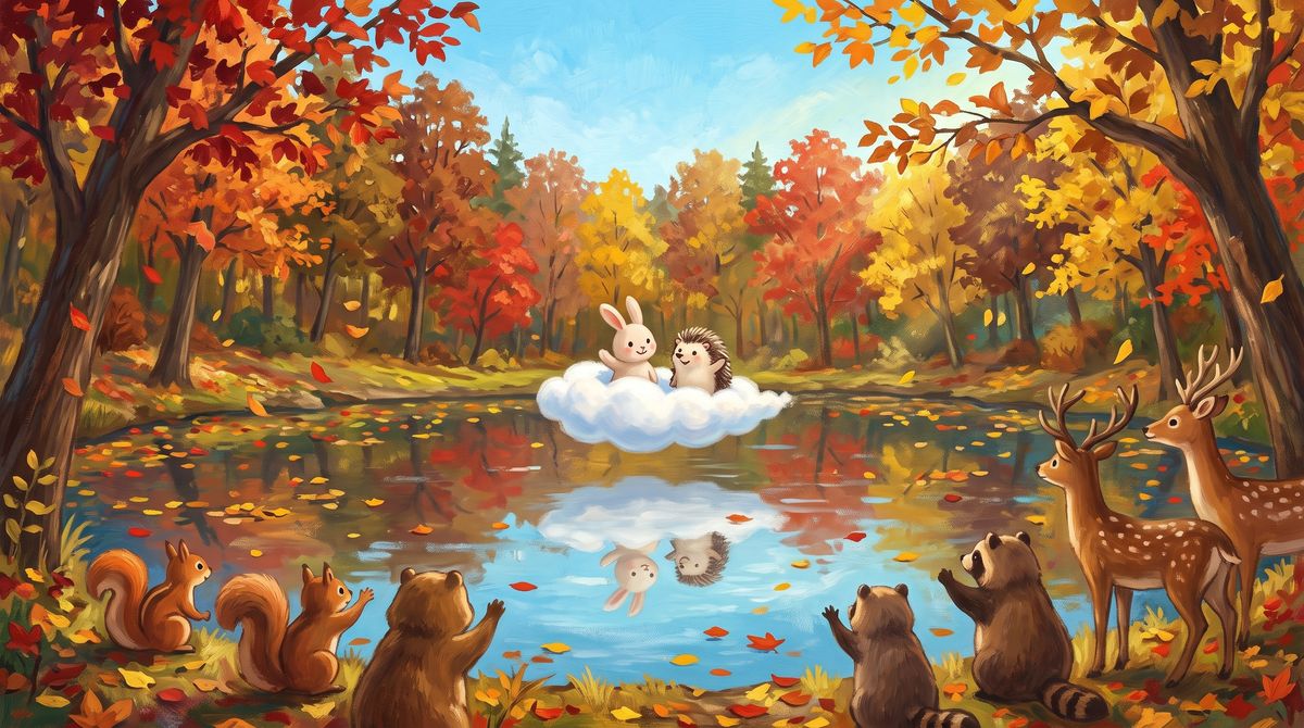 A small white cloud shaped like a boat floats on a calm autumn pond with a rabbit and a hedgehog on it, while squirrels, a bear cub, raccoons, and deer wave from the shore