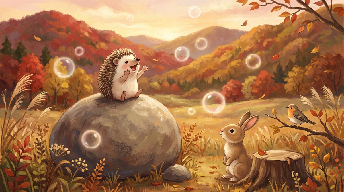 A hedgehog sits on top of a big round stone in an autumn valley and calls out happily, while shining bubbles float in the air and a rabbit and a robin listen