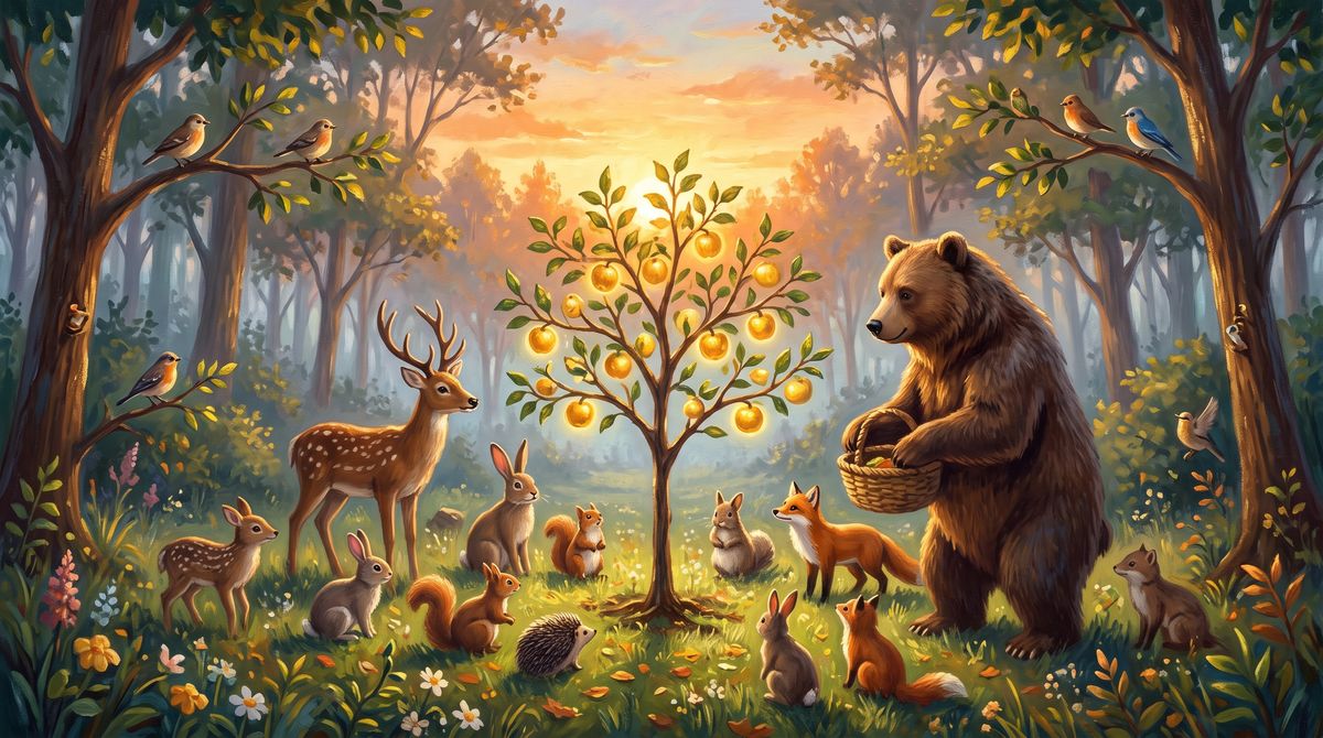 Forest animals gather at sunrise around a small young tree with glowing golden fruit; a bear holds a basket, a deer and a fawn stand nearby, and birds sit in the branches above