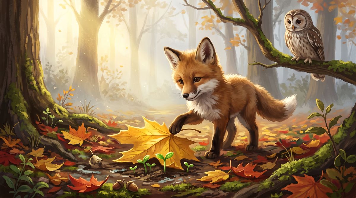 A fox cub turns over a big golden leaf
