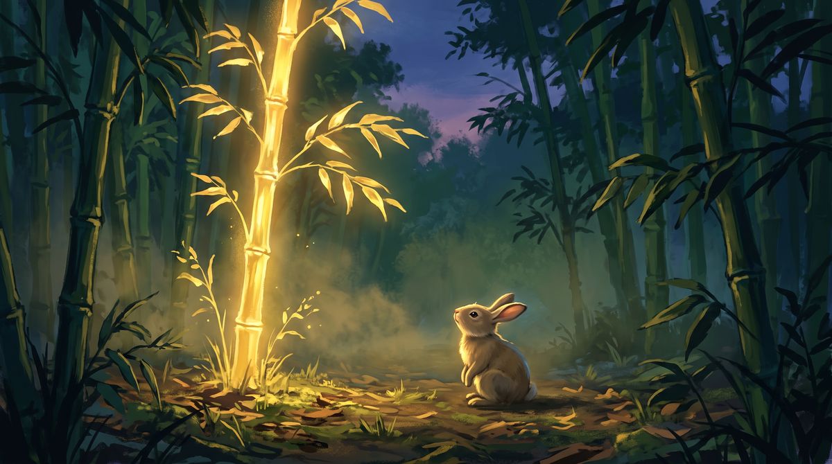 A little rabbit looks at a glowing golden bamboo stalk in a dark bamboo grove