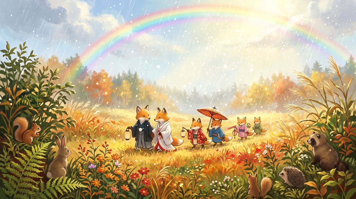 A small procession of foxes in fine robes walks under a rainbow during a sunshine rain, with a squirrel, a rabbit, and a raccoon watching from the grass