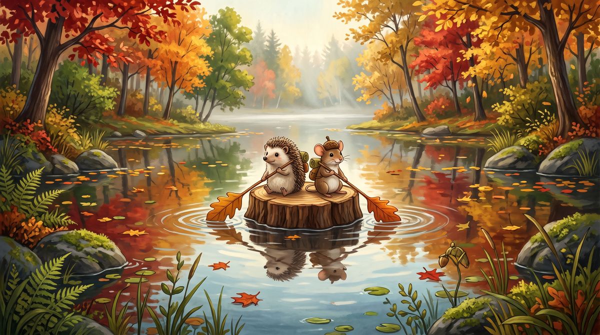 A hedgehog and a mouse sit on a round tree stump floating like a boat on a calm forest pond, each holding an orange oak leaf as a paddle, with autumn trees reflected in the water
