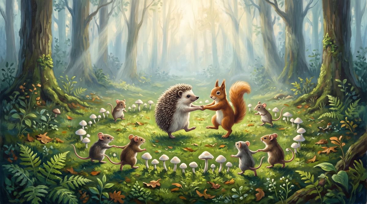 A hedgehog and a squirrel dance together inside a ring of small white mushrooms in a misty forest clearing, while pairs of mice dance around the outside of the ring