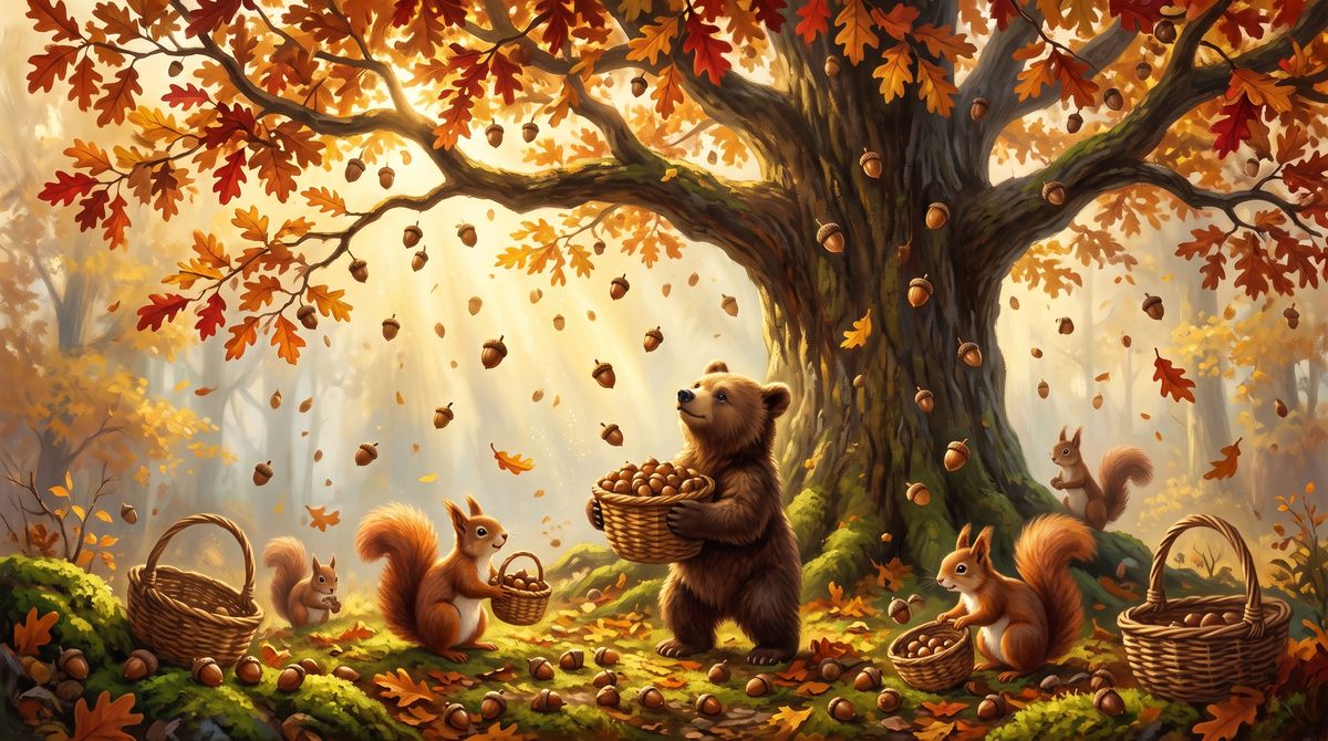 Acorns fall from an oak tree while animals catch them in baskets