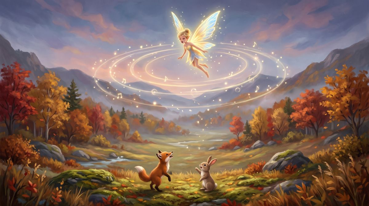 A glowing fairy sings above an autumn valley while a fox and a rabbit look up at her