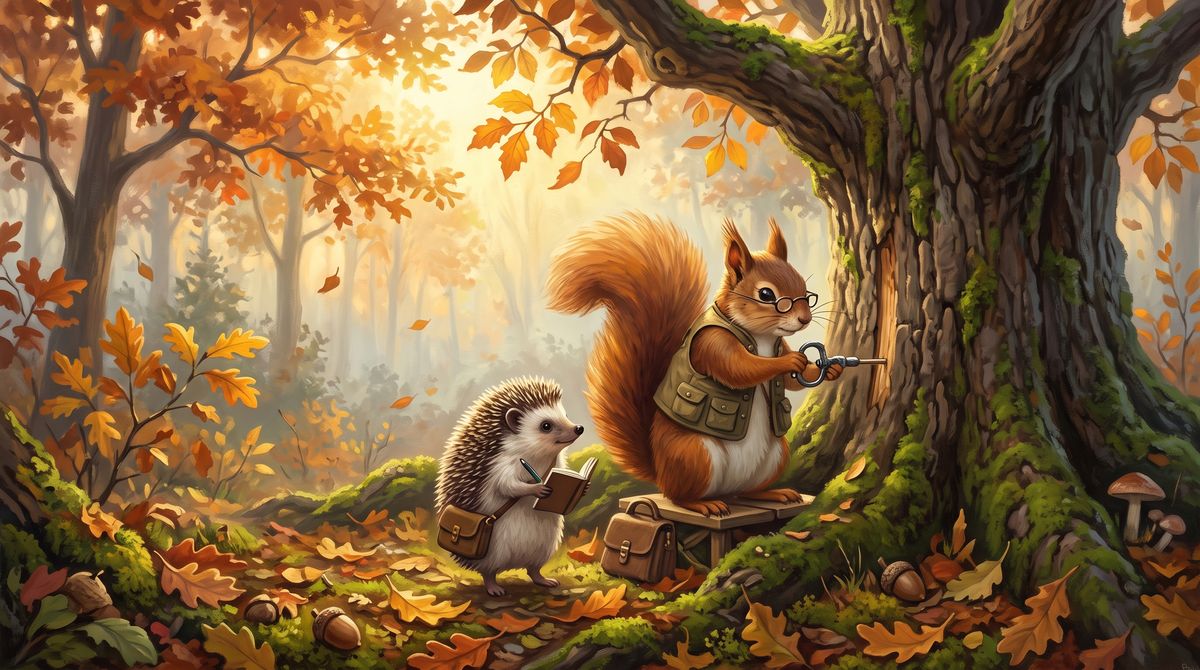 A squirrel scientist gently takes a thin sample from a big tree trunk while a hedgehog holds a notebook