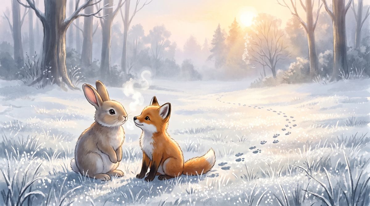 A rabbit and a fox cub sit nose to nose on a frosty meadow at sunrise, their breath showing in the cold air, with paw prints trailing behind them