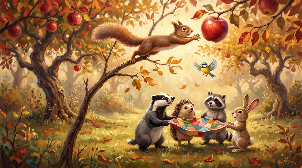 A squirrel leaps along a thin branch for a red apple, while a badger, a hedgehog, a raccoon, and a rabbit hold a colorful blanket below and a blue bird flies near