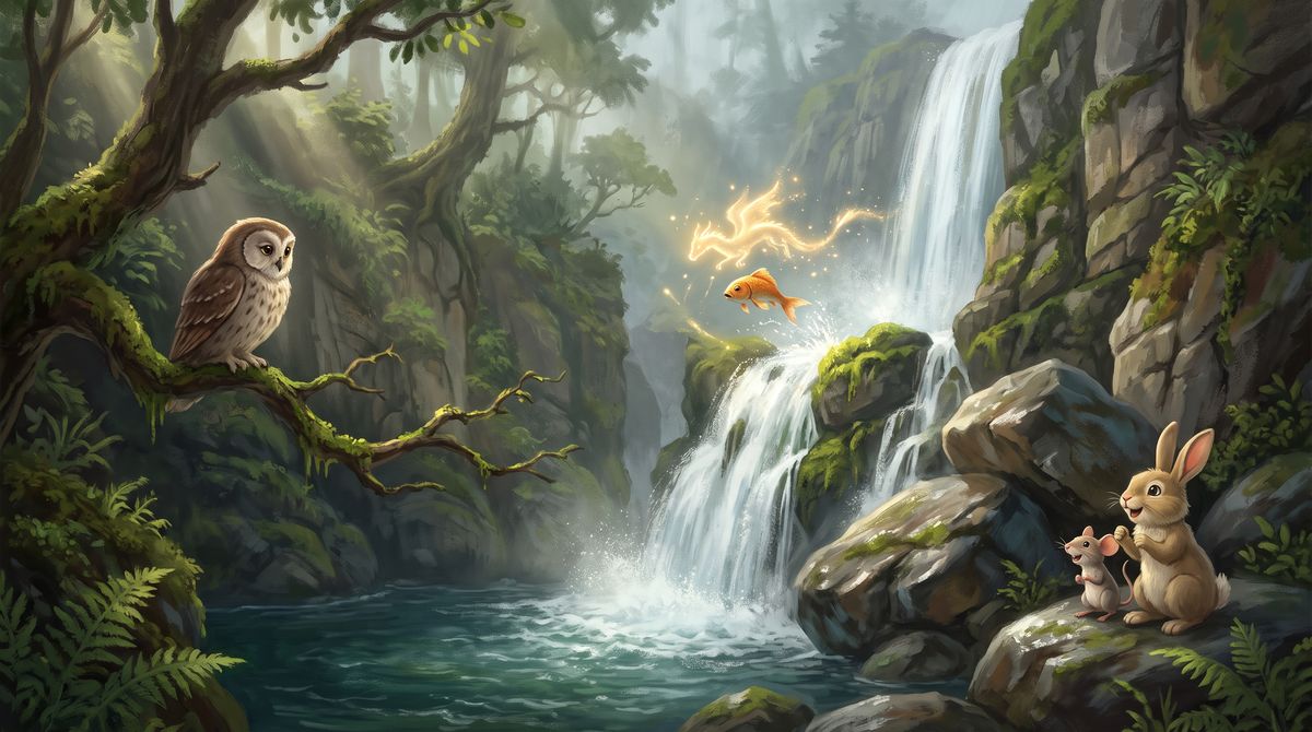 A little orange carp leaps up a misty waterfall as a glowing dragon of light flickers above it, while an owl, a mouse, and a rabbit watch from the rocks and a mossy branch