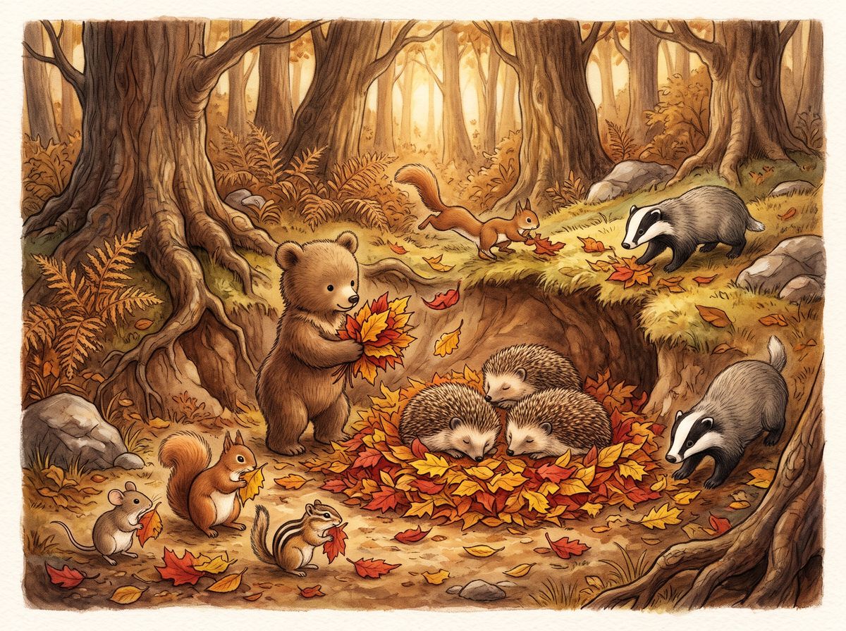 A bear cub, a squirrel, a mouse, a chipmunk, and two badgers gather red and gold leaves into a soft carpet where three hedgehogs sleep
